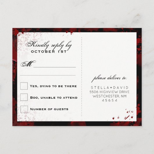 Blood Splattered Halloween Matching RSVP Briefkaar Uitnodiging Briefkaart (Achterkant)