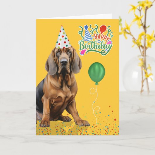 Bloodhound Dog Party Hat Yellow Birthday Kaart (Gele Bloem)