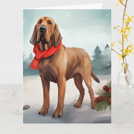 Bloodhound Hond in Sneeuw Kerstmis Kaart (Gele Bloem)