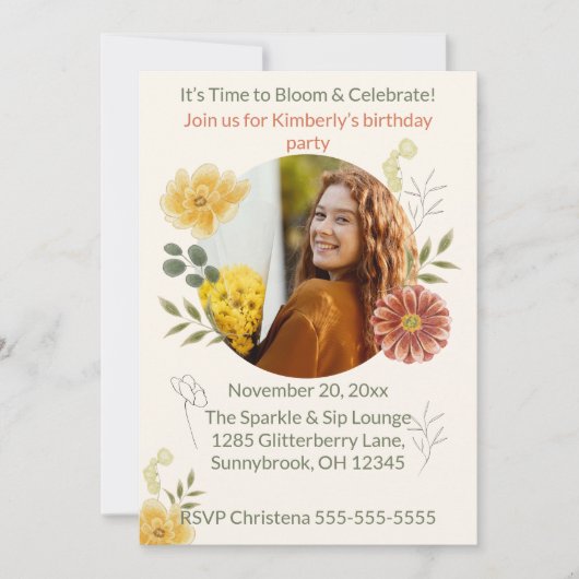 Bloom & Celebrate Floral Birthday Party Invitation Kaart (Voorkant)