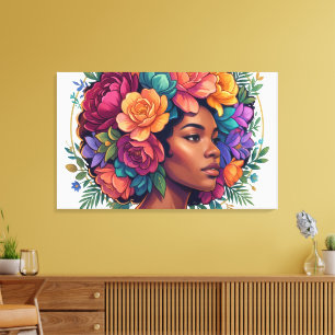 Bloom Inspirerende Zwarte Vrouw Bloemrijk Afro Canvas Afdruk