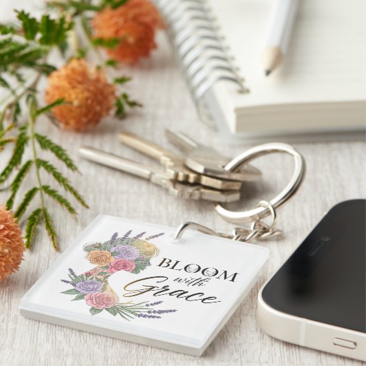 Bloom met Grace Elegant Bloemen Vrouw Silhouet Sleutelhanger (Voorkant Rechts)