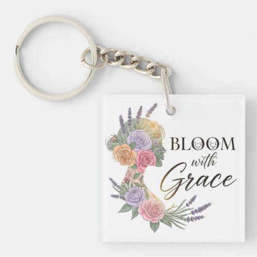 Bloom met Grace Elegant Bloemen Vrouw Silhouet Sleutelhanger (voorkant)