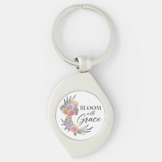 Bloom met Grace Elegant Bloemen Vrouw Silhouet Sleutelhanger (Voorkant)