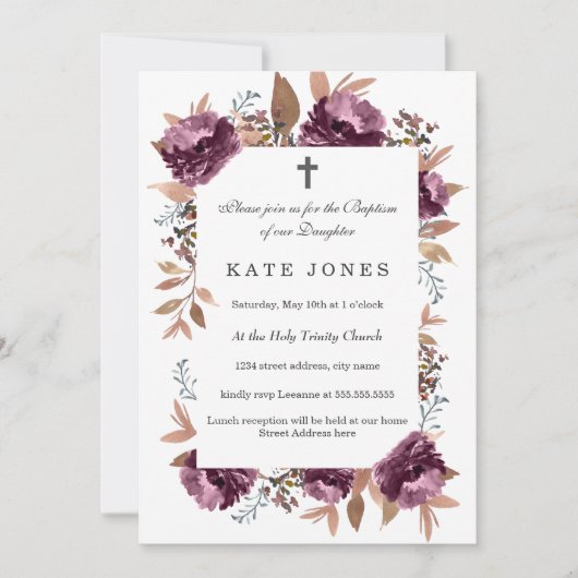 Bloom Purple Aquarelle Baptême Invitation (Devant)
