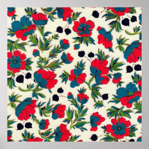 Bloom Red Floral Green Botanical Waterverf Poster