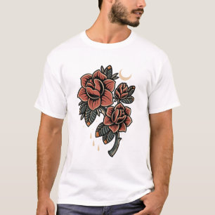 Bloom rode rozen oude stijl tattoo ontwerp t-shirt
