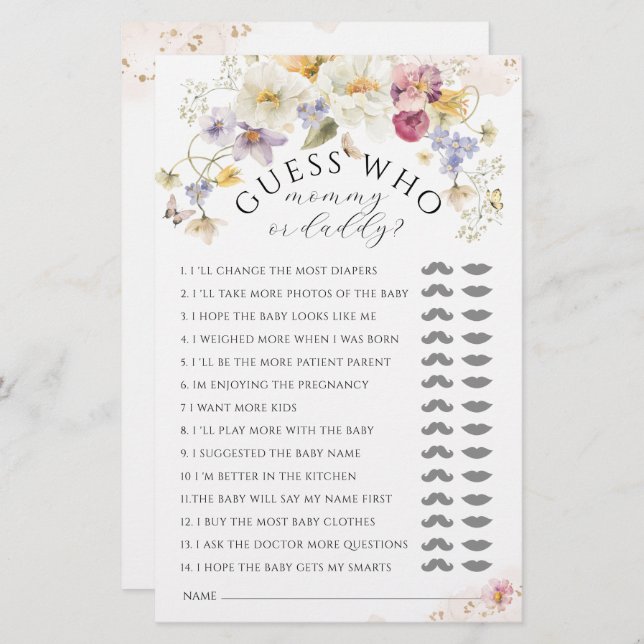 Bloom Wildflower Rustisch Baby shower Game (Voorkant / Achterkant)