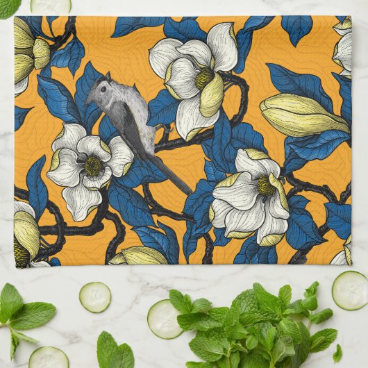 Bloomende magnolia en timuizvogel 3 theedoek (Gevouwen)