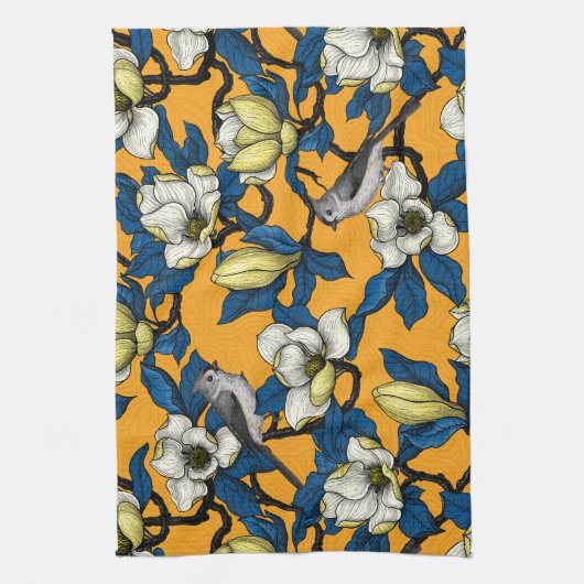 Bloomende magnolia en timuizvogel 3 theedoek (Verticaal)