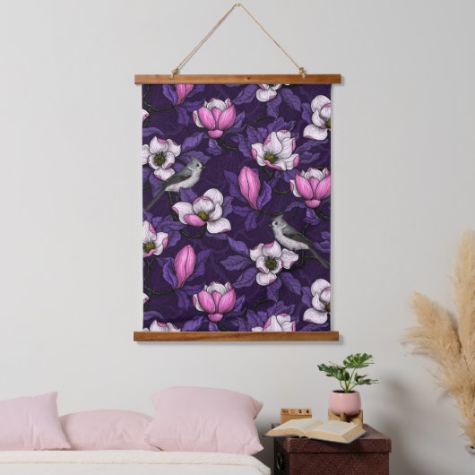 Bloomende magnolia en titmuis bird 4 hangend wandkleed (Slaapkamer)