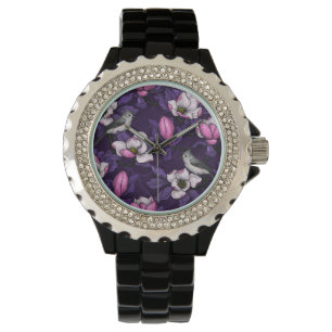 Bloomende magnolia en titmuis bird 4 horloge