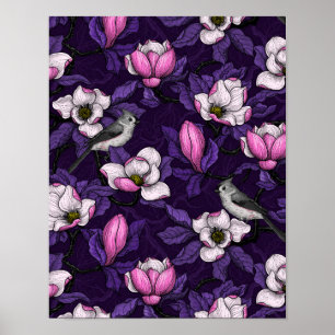Bloomende magnolia en titmuis bird 4 poster