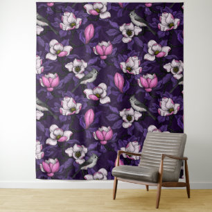 Bloomende magnolia en titmuis bird 4 wandkleed