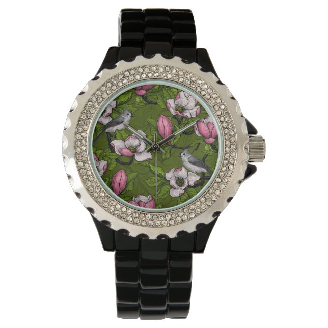 Bloomende magnolia en titmuisvogel 2 horloge (Voorkant)