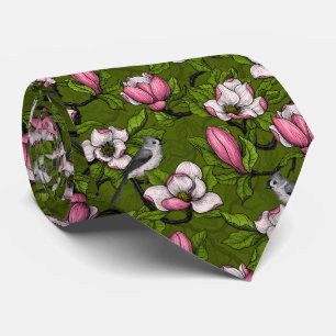 Bloomende magnolia en titmuisvogel 2 stropdas