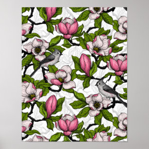 Bloomende magnolia en titmuisvogel poster