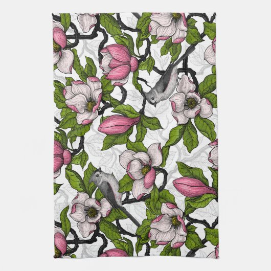 Bloomende magnolia en titmuisvogel theedoek (Verticaal)