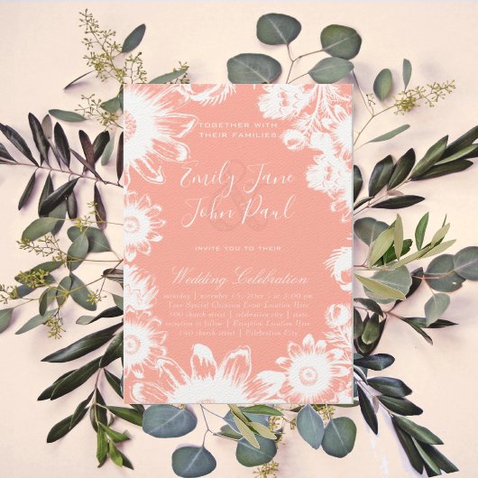 Blooming Blush Coral Floral Wedding Invitations Kaart