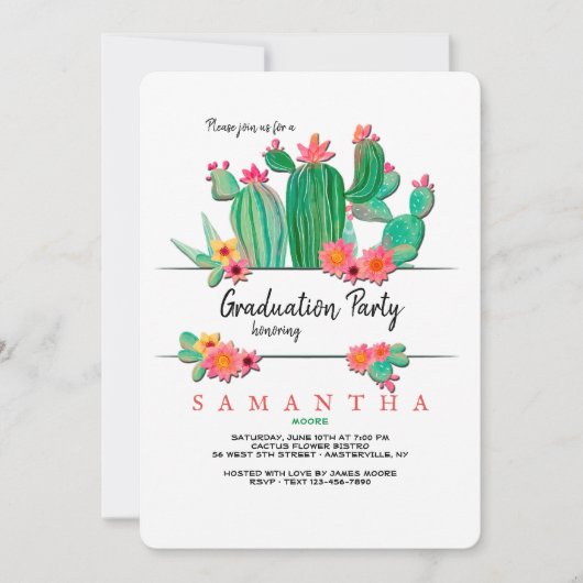 Blooming Cactus Graduation Party Invitation Kaart (Voorkant)