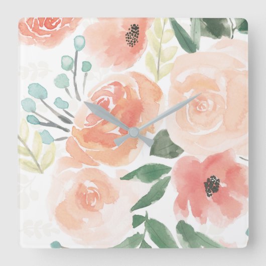 Blooming Delight | Pastel Vierkante Klok (Voorkant)