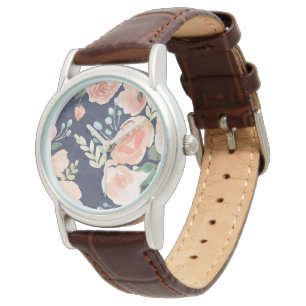 Blooming Delight   Perzik en blauwe Rozen en papav Horloge