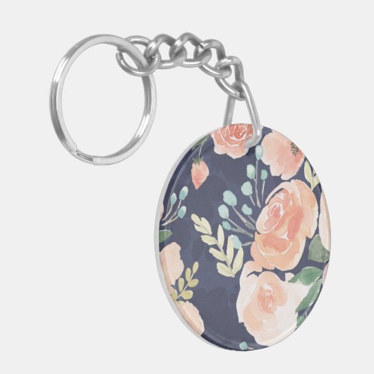 Blooming Delight | Perzik en blauwe Rozen en papav Sleutelhanger (Voorkant Links)