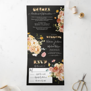 Blooming Garden floral Dark & Moody Wedding Drieluik Uitnodiging