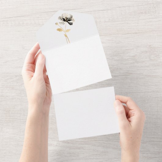 Blooming Gold, Black & Cream Single Stem Flower All In One Uitnodiging (Afscheurbaar)