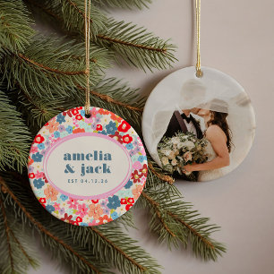 Blooming Joy Bright Bold Bloemen Trouwdatum Foto Keramisch Ornament