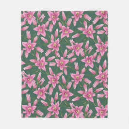 Blooming Lilies in Deep Green Fleece Blanket