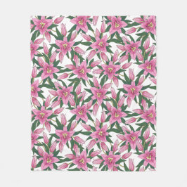 Blooming Lilies in Pastel Pink on White Fleece Deken