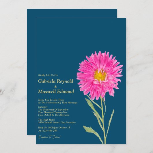 Blooms Natuur Roze Aster Bloemen Bruiloft Kaart (Voorkant / Achterkant)