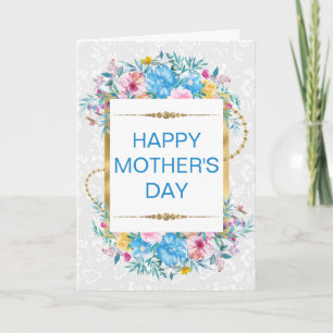 Bloos & Blauwe Bloemen & Gouden Glitter Moederdag Kaart