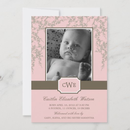 Blossom Baby Birth Announcement (roze) Aankondiging (Voorkant)