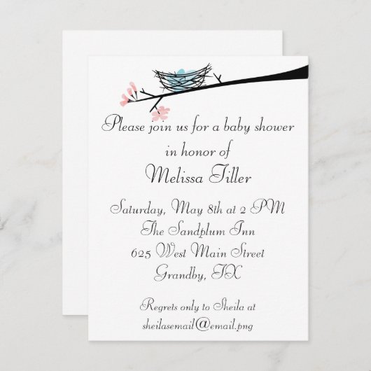 Blossom Branch en Nest Baby shower Invitation Kaart (Voorkant / Achterkant)