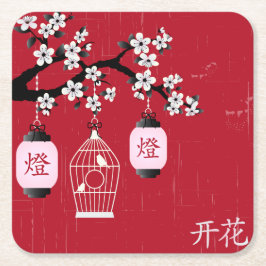"Blossom" en vogel in een kooi rood Vierkante Kartonnen Onderzetter