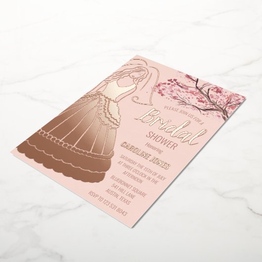 Blossom Roos Goudfolie Bloemenjurk Vrijgezellenfee Folie Uitnodiging (Gedraaid)