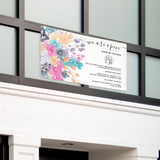 Blossom roze land bloemen waterverf We zijn open Spandoek (Buitenkant Gebouw)