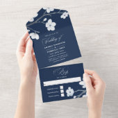 Blossom van Navy Blue en White Cherry Weddenschap  All In One Uitnodiging (Afscheurbaar)