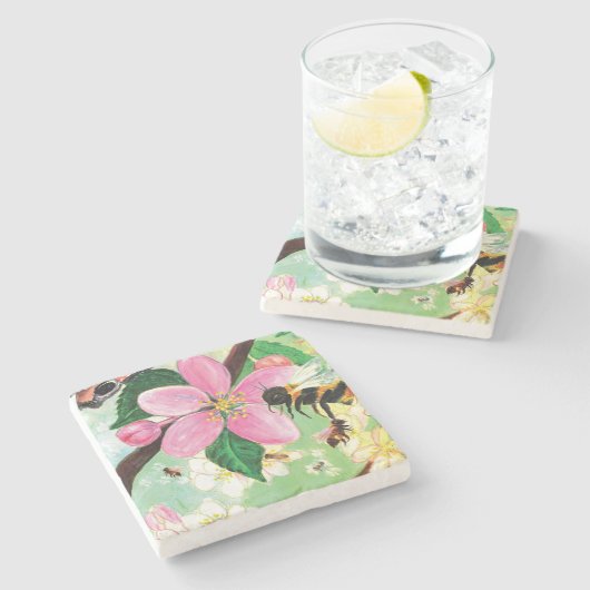 Blossomboom met bijenillustratie stenen onderzetter (Zijkant)