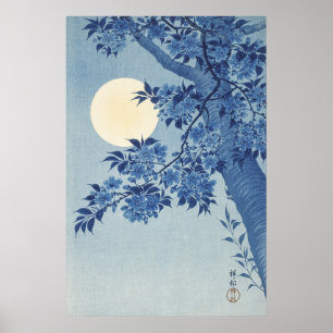 Blossomde Cherry op een Moonlit Night Poster