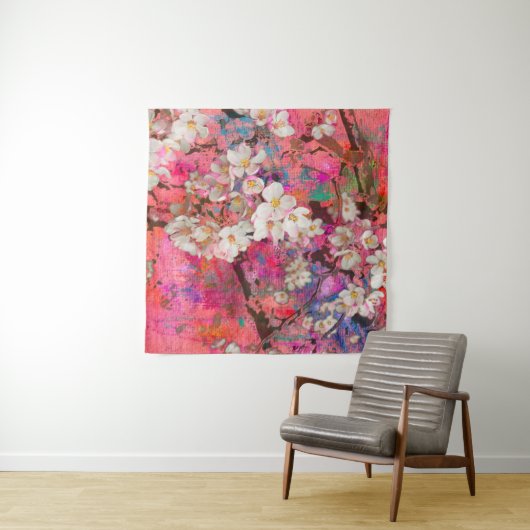 Blossoming apple tree, painting and mixed media ar wandkleed (In Situ (horizontaal))
