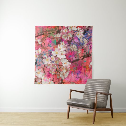 Blossoming apple tree, painting and mixed media ar wandkleed (In situ)