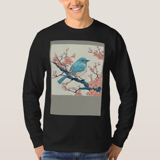 Blossoming Bluebird on Sakura Branch Floral Fligh T-shirt (Voorkant)