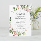 Blozen Bloemen Groen Waterverf Eerste Communie Kaart (Staand voorkant)