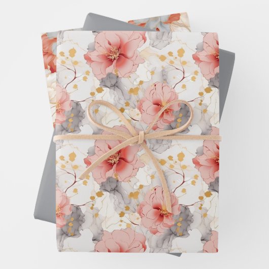 Blozen Koraal Grijs Bloemige Liefde Bruiloft Inpakpapier Vel (In situ)
