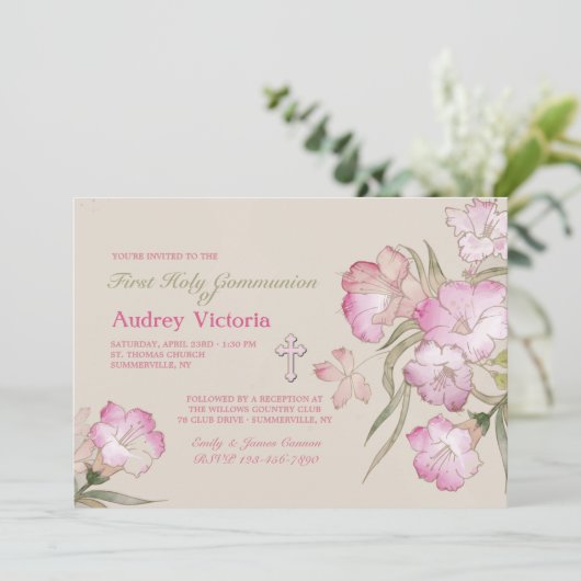 Blozen Roze Bloemen Communie uitnodiging (Staand voorkant)