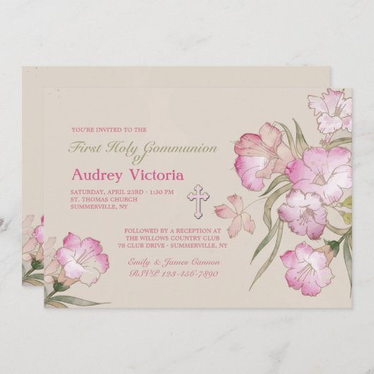 Blozen Roze Bloemen Communie uitnodiging (Voorkant / Achterkant)