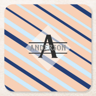 Blozen Roze Navyblauw Monogram Vierkante Kartonnen Onderzetter